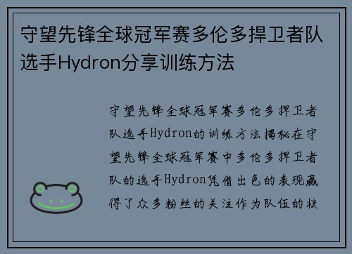 守望先锋全球冠军赛多伦多捍卫者队选手Hydron分享训练方法